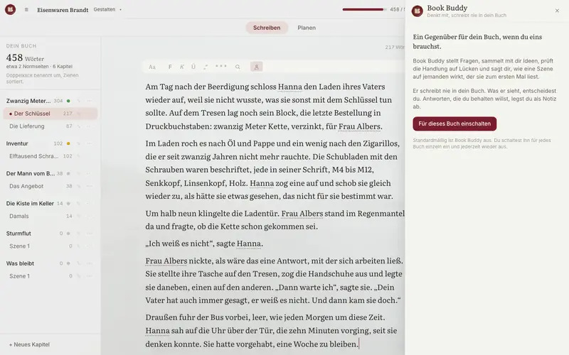 Book Buddy einschalten: Schublade rechts mit Erklärung
