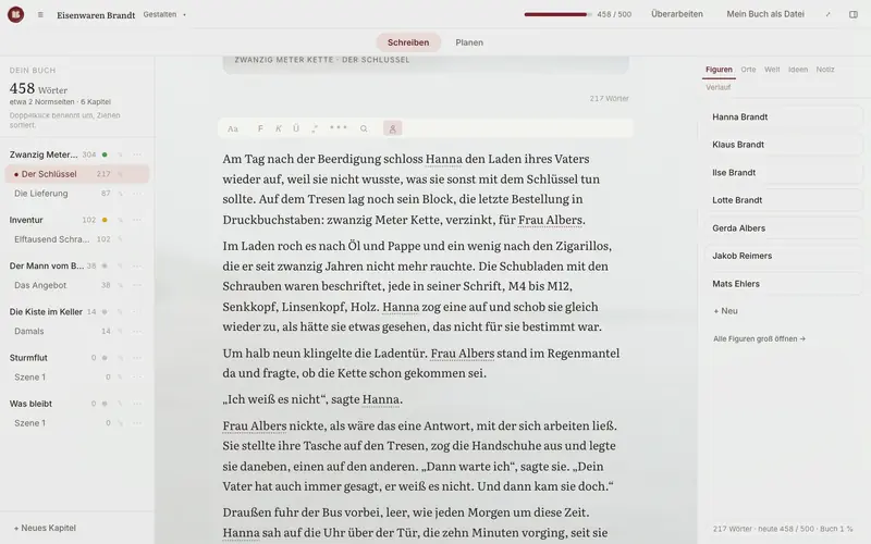 Der Editor mit Kapiteln links, Text in der Mitte und Figuren rechts