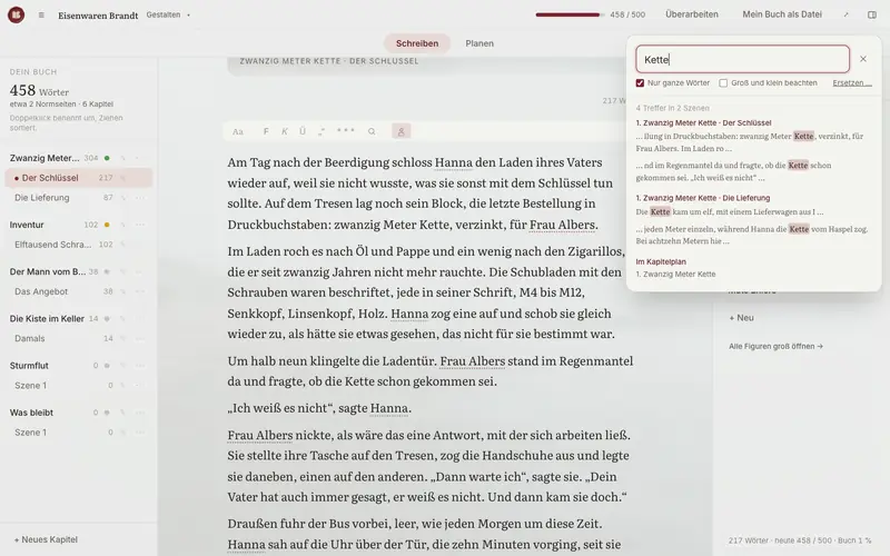 Suchen im ganzen Buch: Treffer in zwei Szenen und im Kapitelplan