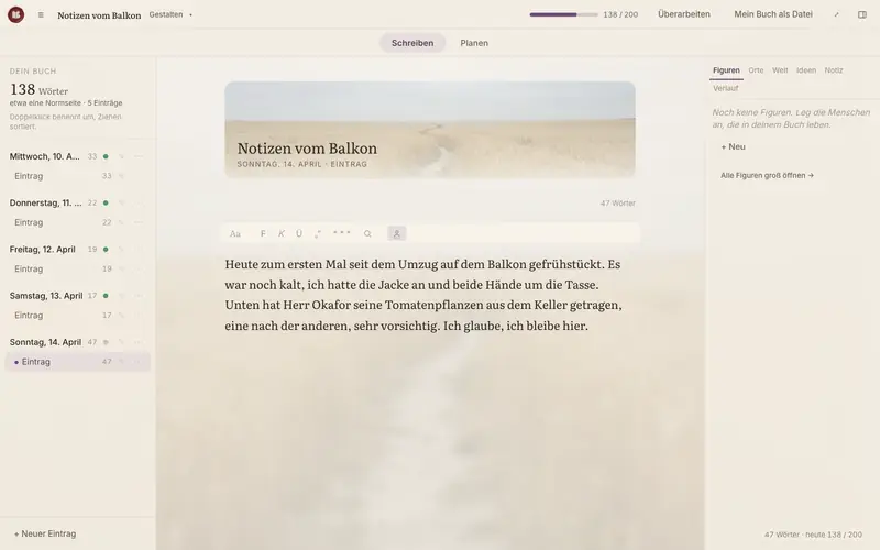 Tagebuch „Notizen vom Balkon“ mit Einträgen nach Datum